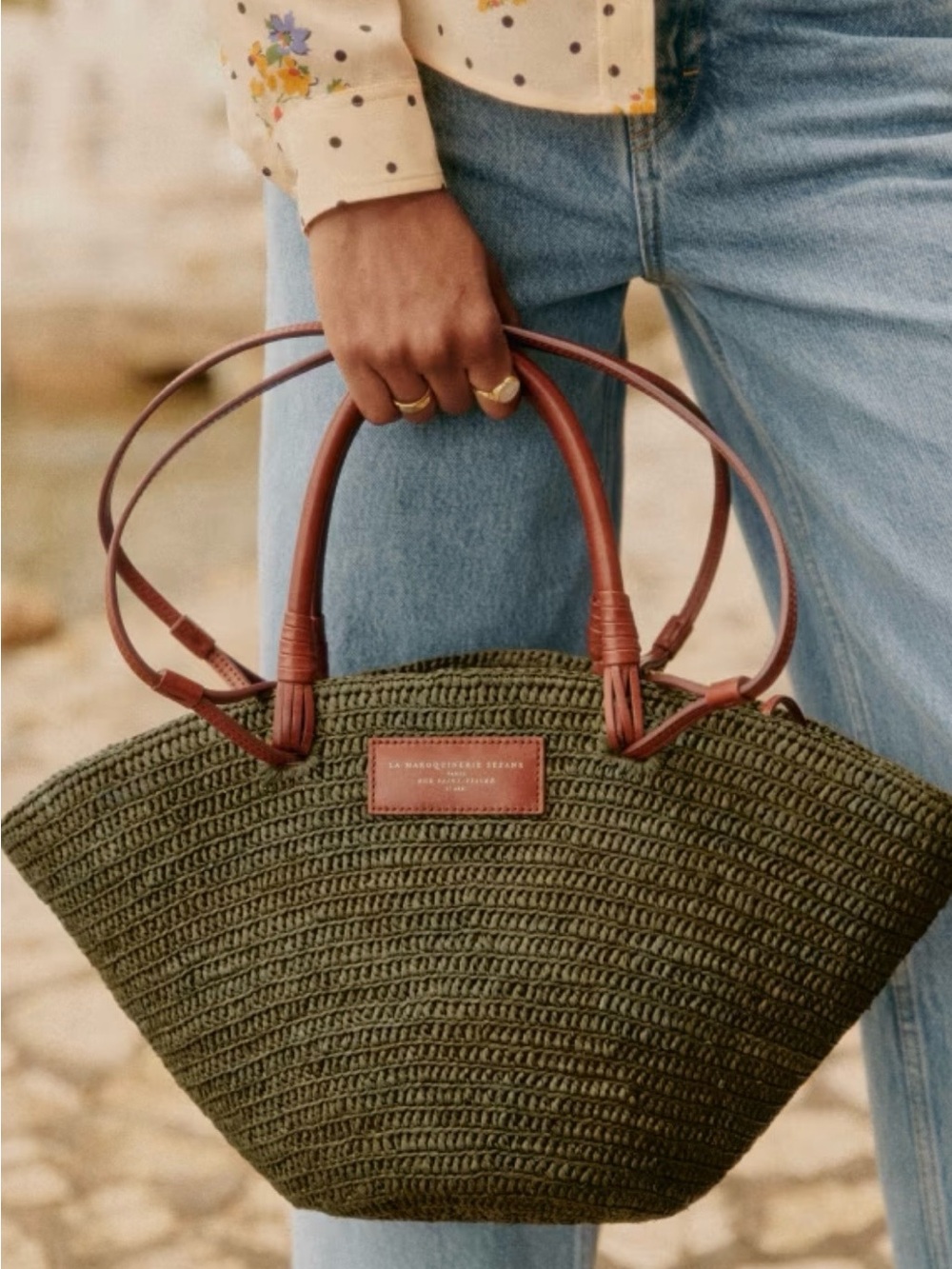 Sezane Justine Basket Bag Olive Green with Brown Leather Handles - Picture 2 of 4